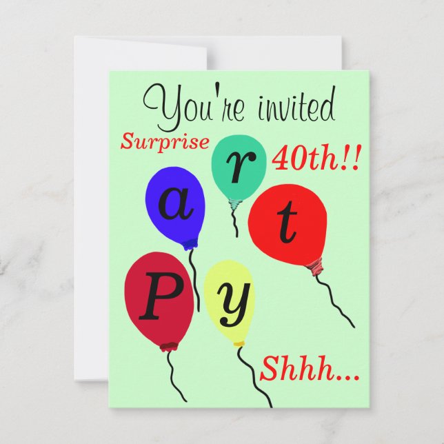 Surprise 40th Birthday Balloons Party Invitations (Front)