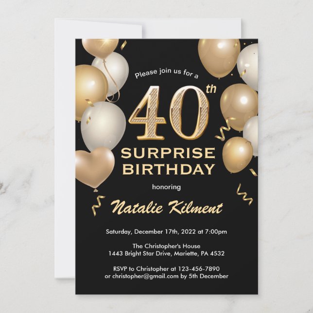 Surprise 40th Birthday Black and Gold Balloons Invitation (Front)