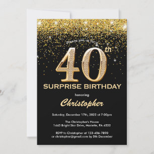 Surprise 40th Birthday Black and Gold Glitter Invitation
