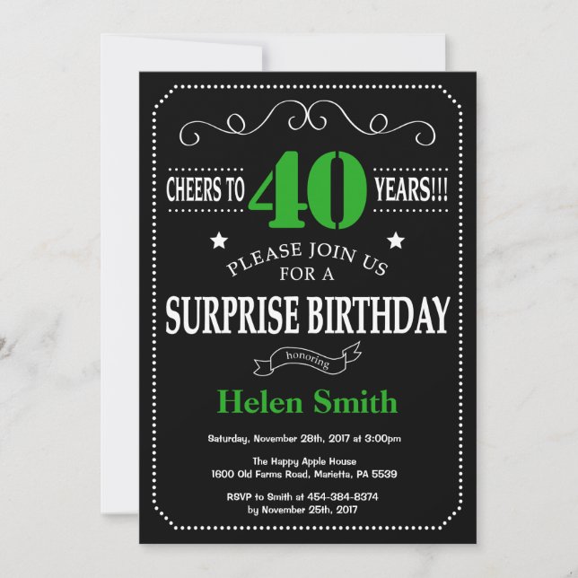 Surprise 40th Birthday Black and Green Chalkboard Invitation (Front)