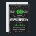 Surprise 40th Birthday Black and Green Chalkboard Invitation<br><div class="desc">Surprise 40th Birthday Invitation Black and Green Typography. Chalkboard. Black and White Background. Adult Birthday. Male Men or Women Birthday. Kids Boy or Girl Lady Teen Teenage Bday Invite. 13th 15th 16th 18th 20th 21st 30th 40th 50th 60th 70th 80th 90th 100th. Any Age. For further customisation, please click the...</div>