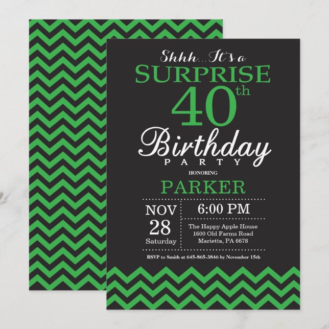Surprise 40th Birthday Black and Green Chevron Invitation (Front/Back)