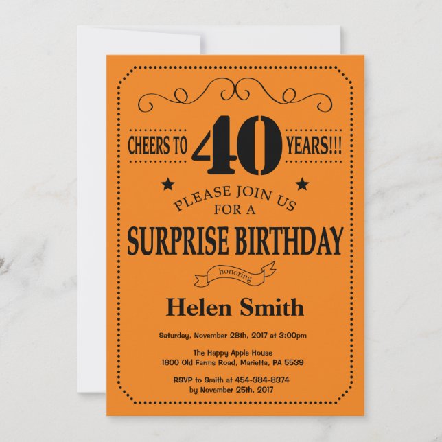 Surprise 40th Birthday Black and Orange Invitation (Front)