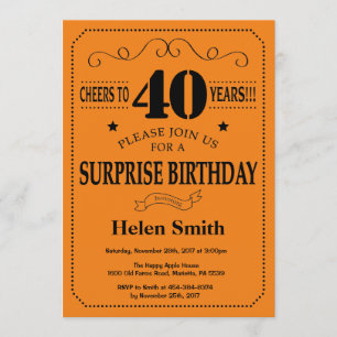 Surprise 40th Birthday Black and Orange Invitation