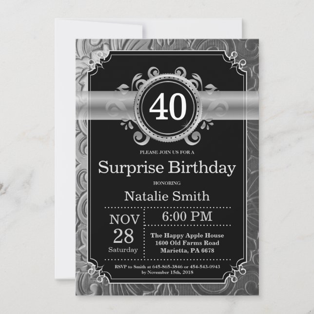 Surprise 40th Birthday Black and Silver Glitter Invitation (Front)
