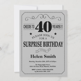 Surprise 40th Birthday Black and Silver Grey Invitation