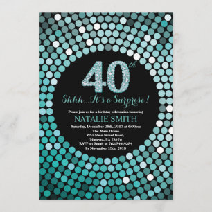 Surprise 40th Birthday Black and Teal Glitter Invitation