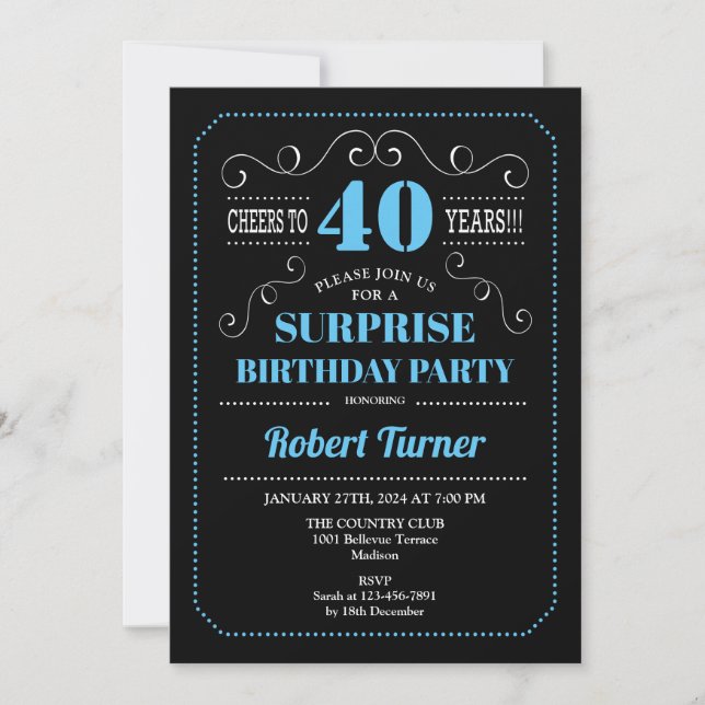 Surprise 40th Birthday - Black Blue Invitation (Front)