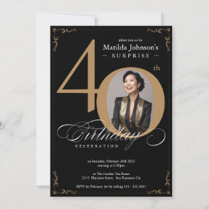 Surprise 40th Birthday Black Gold Elegant Custom Invitation