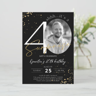 Surprise 40th Birthday Black Gold Photo Invitation