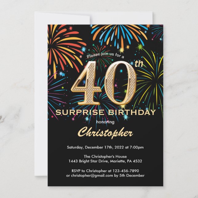 Surprise 40th Birthday Black Gold Rainbow Firework Invitation (Front)