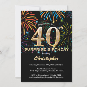 Surprise 40th Birthday Black Gold Rainbow Firework Invitation