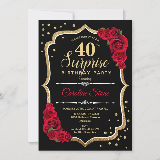 Surprise 40th Birthday - Black Gold Red Invitation (Front)