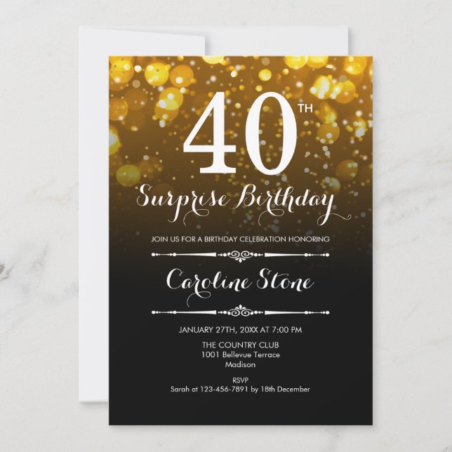 Surprise 40th Birthday - Black Gold White Invitation (Front)