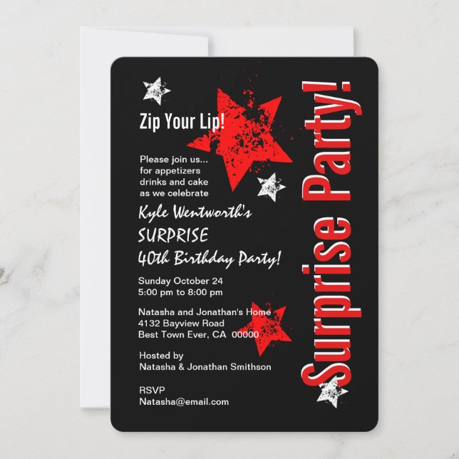 SURPRISE 40th Birthday Black Red Grunge Stars 3 Invitation (Front)