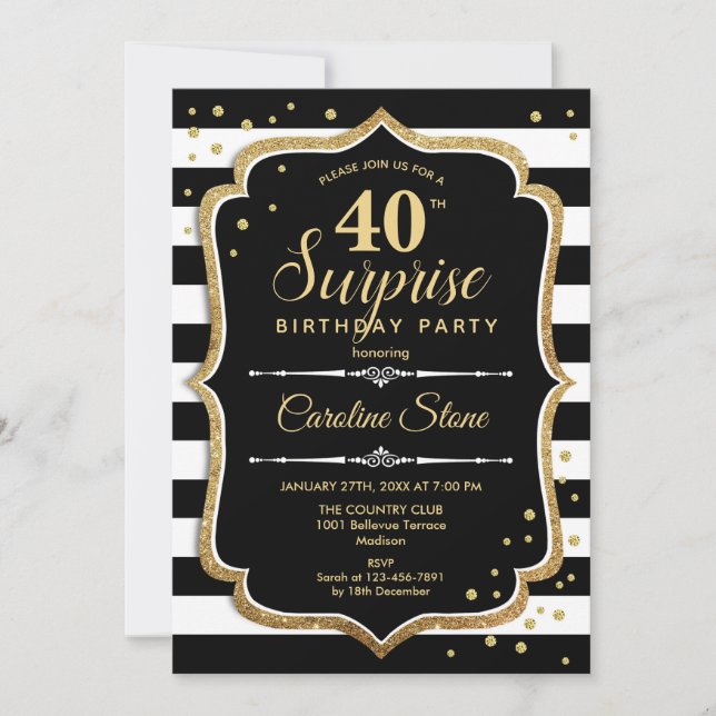 Surprise 40th Birthday - Black White Gold Invitation (Front)