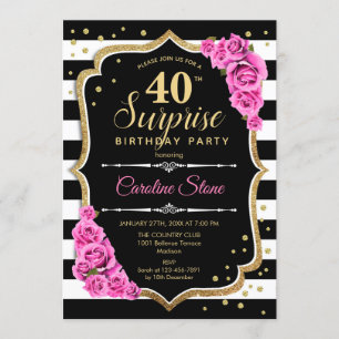 Surprise 40th Birthday - Black White Pink Invitation