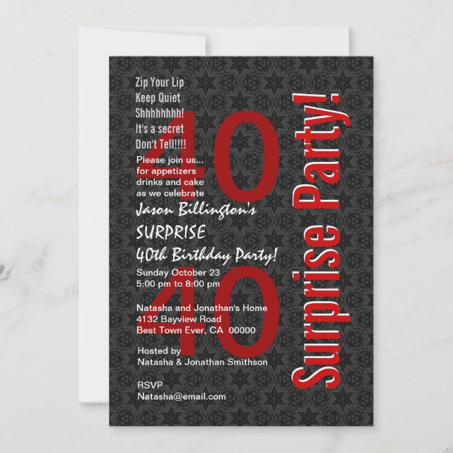 SURPRISE 40th Birthday Black White Red F324 Invitation (Front)
