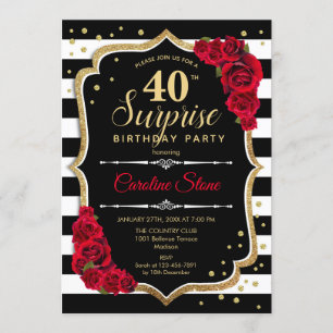 Surprise 40th Birthday - Black White Red Invitation
