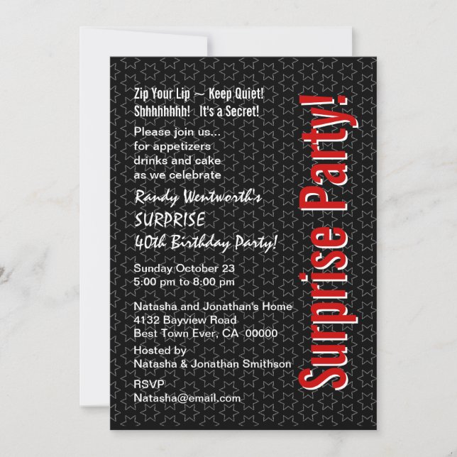 SURPRISE 40th Birthday Black White Red Stars Invitation (Front)
