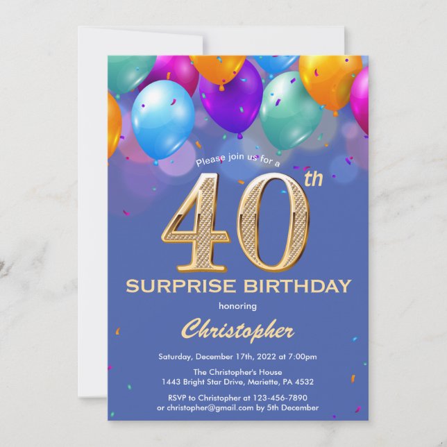 Surprise 40th Birthday Blue and Gold Balloons Invitation (Front)