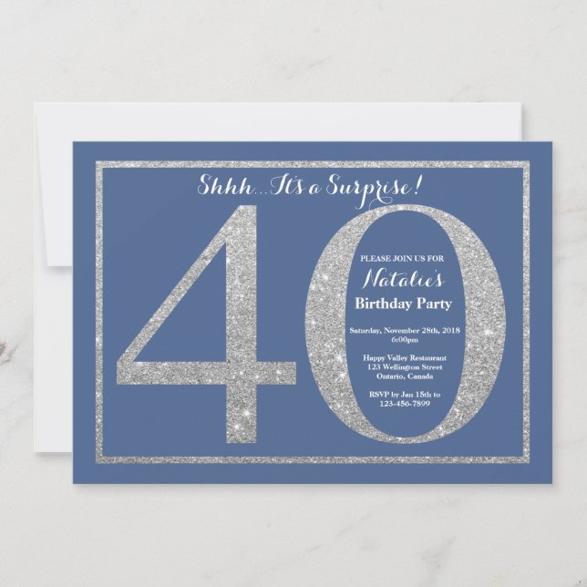 Surprise 40th Birthday Blue and Silver Glitter Invitation (Front)
