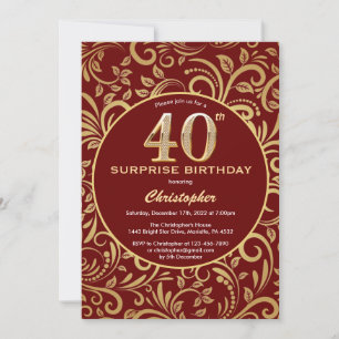 Surprise 40th Birthday Burgundy Red & Gold Floral Invitation