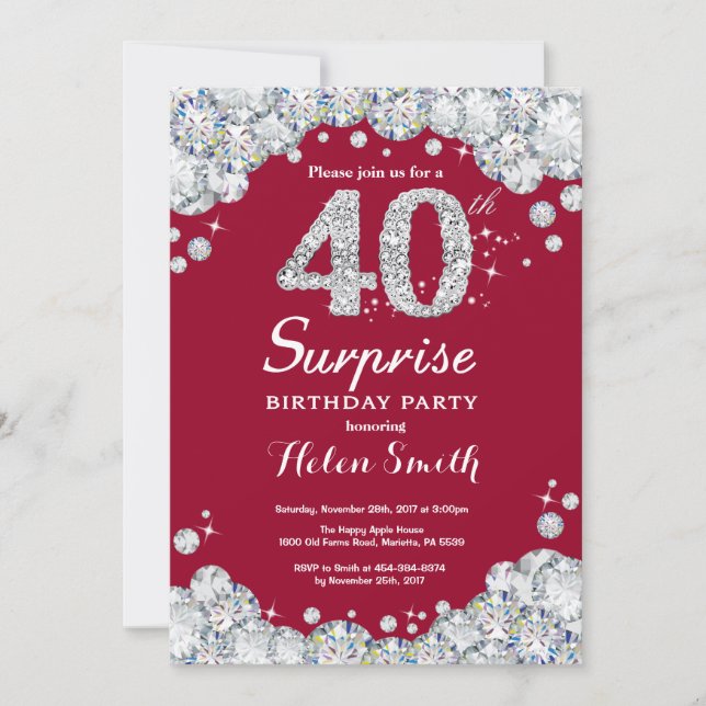 Surprise 40th Birthday Burgundy Red Silver Diamond Invitation (Front)