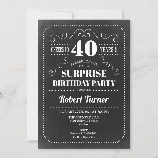 Surprise 40th Birthday - Chalkboard ANY AGE Invitation (Front)