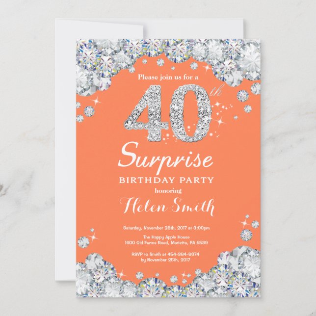 Surprise 40th Birthday Coral Silver Diamond Invitation (Front)