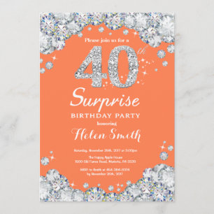 Surprise 40th Birthday Coral Silver Diamond Invitation
