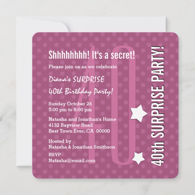 SURPRISE 40th Birthday DARK PINK Polka Dots V04D Invitation (Front)