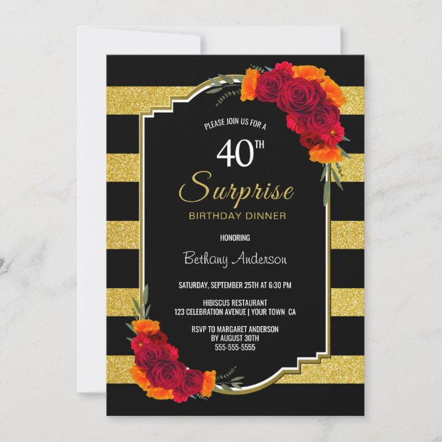 Surprise 40th Birthday Dinner Black Gold Striped Invitation (Front)