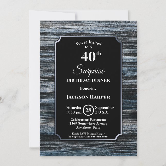 Surprise 40th Birthday Dinner Wood Party Invitation (Front)