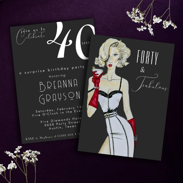 Surprise 40th Birthday Forty and Fabulous Pin Up Invitation (Creator Uploaded)