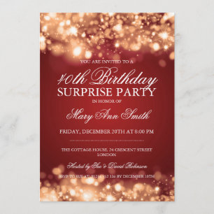 Surprise 40th Birthday Gold & Red Sparkling Lights Invitation