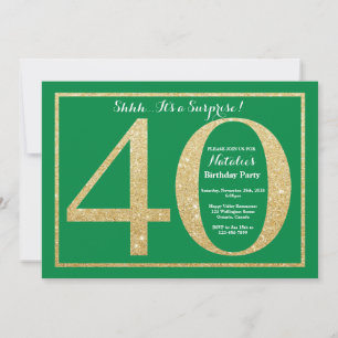 Surprise 40th Birthday Green and Gold Glitter Invitation