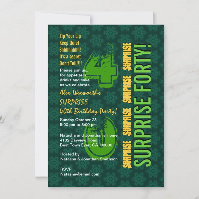 SURPRISE 40th Birthday Green and Gold Ver 2 G602 Invitation (Front)