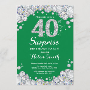 Surprise 40th Birthday Green and Silver Diamond Invitation