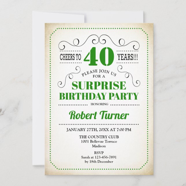 Surprise 40th Birthday - Green White Black Invitation (Front)
