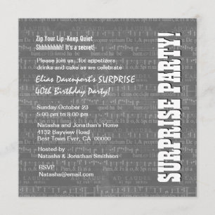 SURPRISE 40th Birthday Grey White Music Notes G401 Invitation