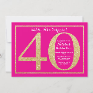 Surprise 40th Birthday Hot Pink and Gold Glitter Invitation