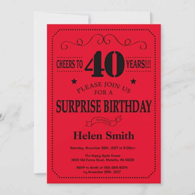 Surprise 40th Birthday Invitation Black and Red (Front)