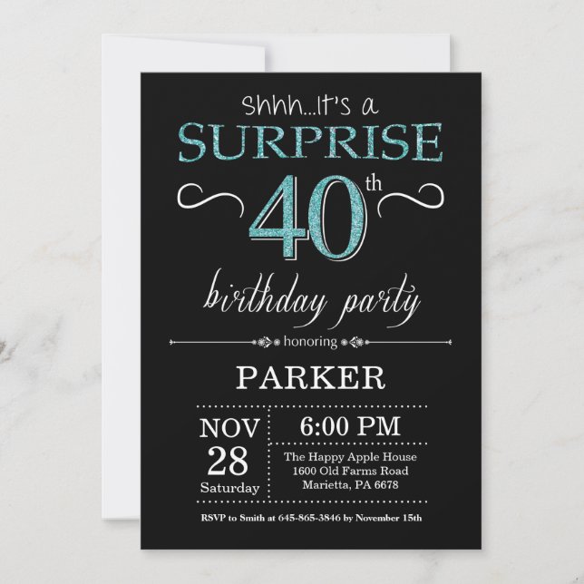 Surprise 40th Birthday Invitation Black and Teal (Front)