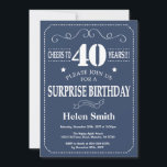 Surprise 40th Birthday Invitation Blue and White<br><div class="desc">Surprise 40th Birthday Invitation Blue and White Typography. Blue Background. Adult Birthday. Male Men or Women Birthday. Kids Boy or Girl Lady Teen Teenage Bday Invite. 13th 15th 16th 18th 20th 21st 30th 40th 50th 60th 70th 80th 90th 100th. Any Age. For further customisation, please click the "Customise it" button...</div>
