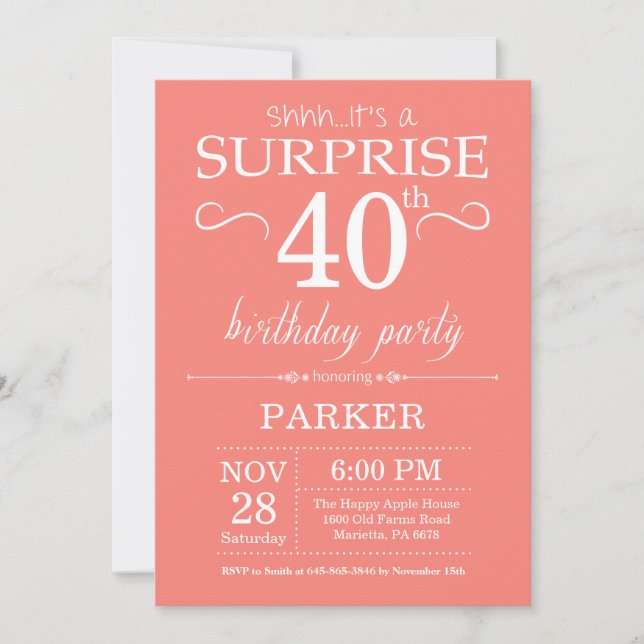 Surprise 40th Birthday Invitation Coral (Front)