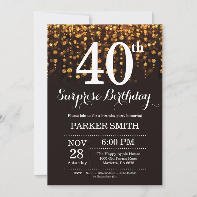 Surprise 40th Birthday Invitation Gold Glitter (Front)