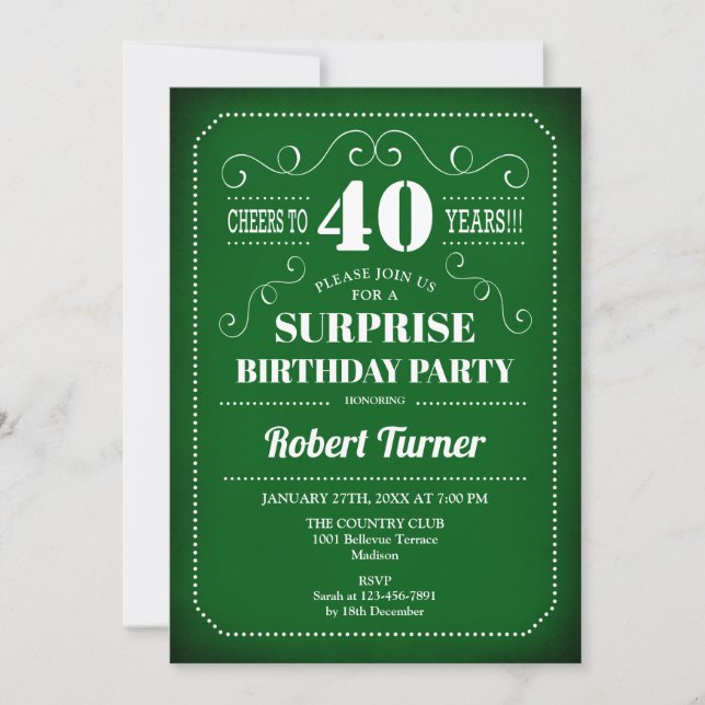 Surprise 40th Birthday Invitation - Green White (Front)
