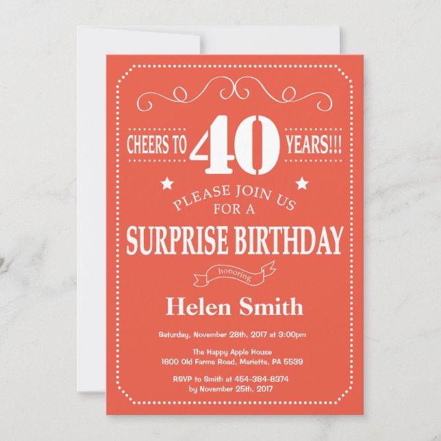 Surprise 40th Birthday Invitation Orange and White (Front)