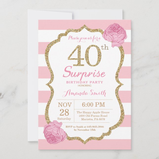 Surprise 40th Birthday Invitation Pink and Gold (Front)